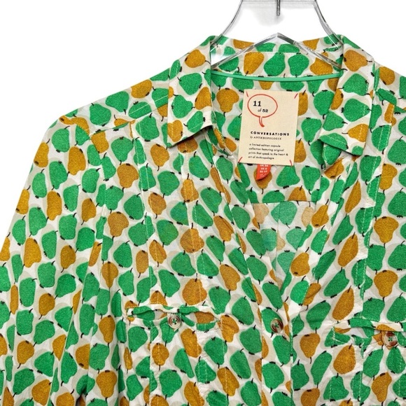 Anthropologie Conversations Pear Print Women’s Summer Button Front Shirt Sz 0 - Picture 3 of 12